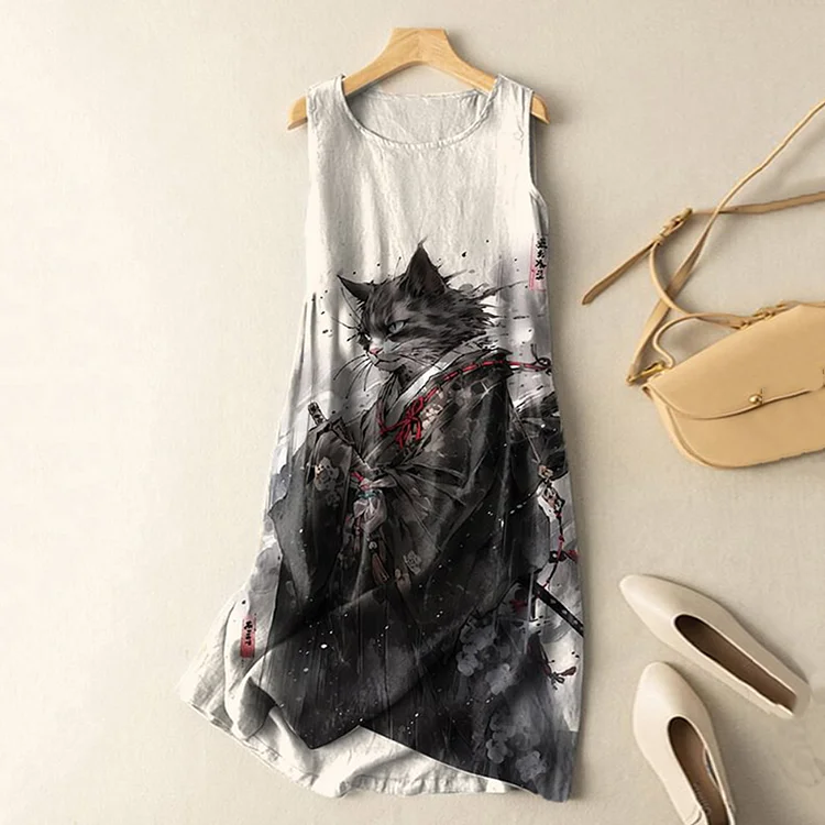 Comstylish Vintage Japanese Cat Samurai Ink Art Print Sleeveless Cotton And Linen Midi Dress