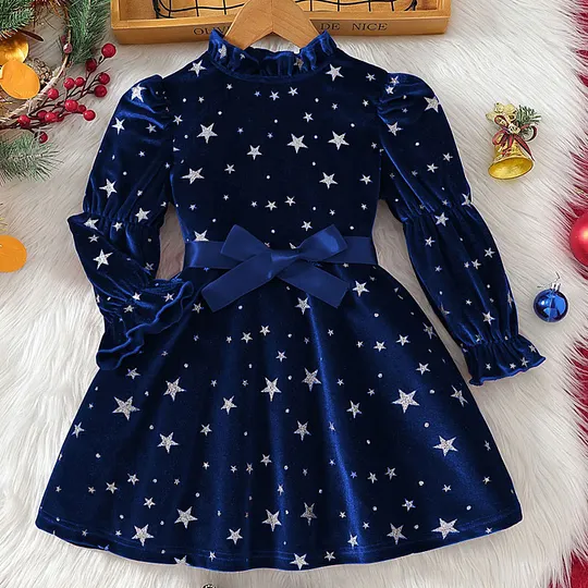 【3Y-7Y】Girls Sweet And Fashionable Silver Star Print Burgundy Velvet Party Dress