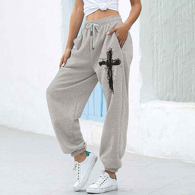 VChics Women'S Cross Print Casual Lace Up Pants