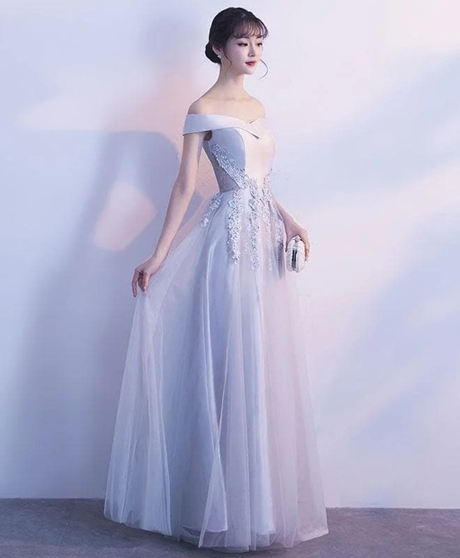 Gray Tull Lace Off Shoulder Long Prom Dress, Evening Dress