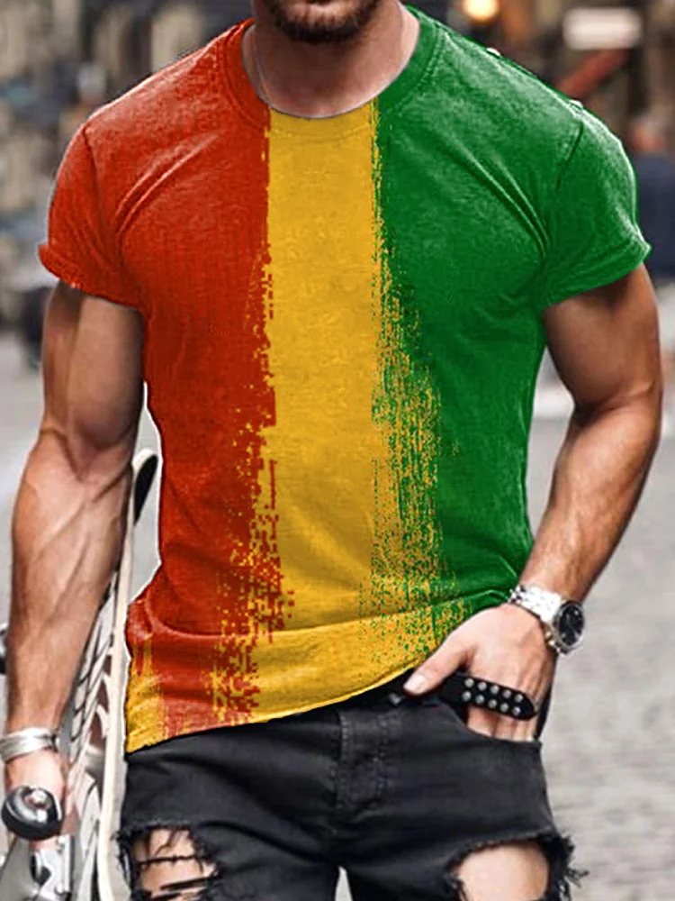 Reggae Music Contrast Color Print Casual Cotton T-Shirt