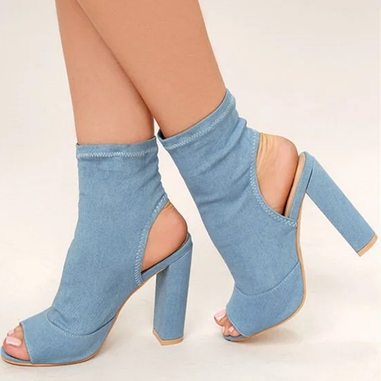Light Blue Peep Toe Denim Slingback Chunky Heel Boots Vdcoo