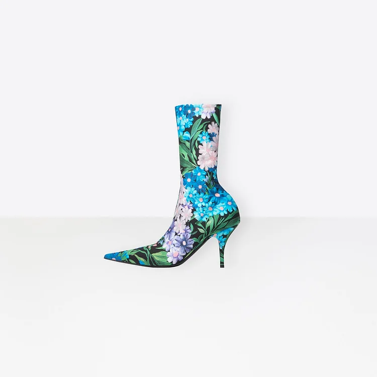 Blue Floral Sock Boots Pointy Toe Lycra Fashion Booties |FSJ Shoes