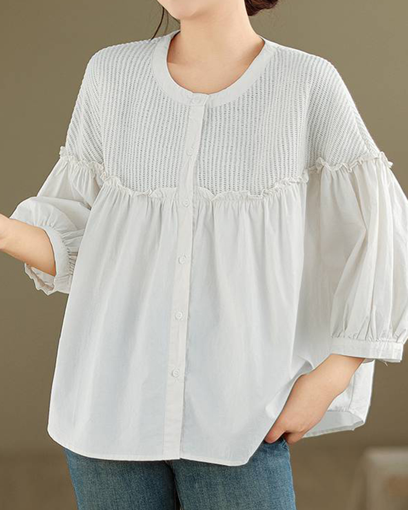 Ruffled Trim Button Front Balloon Sleeve Top
