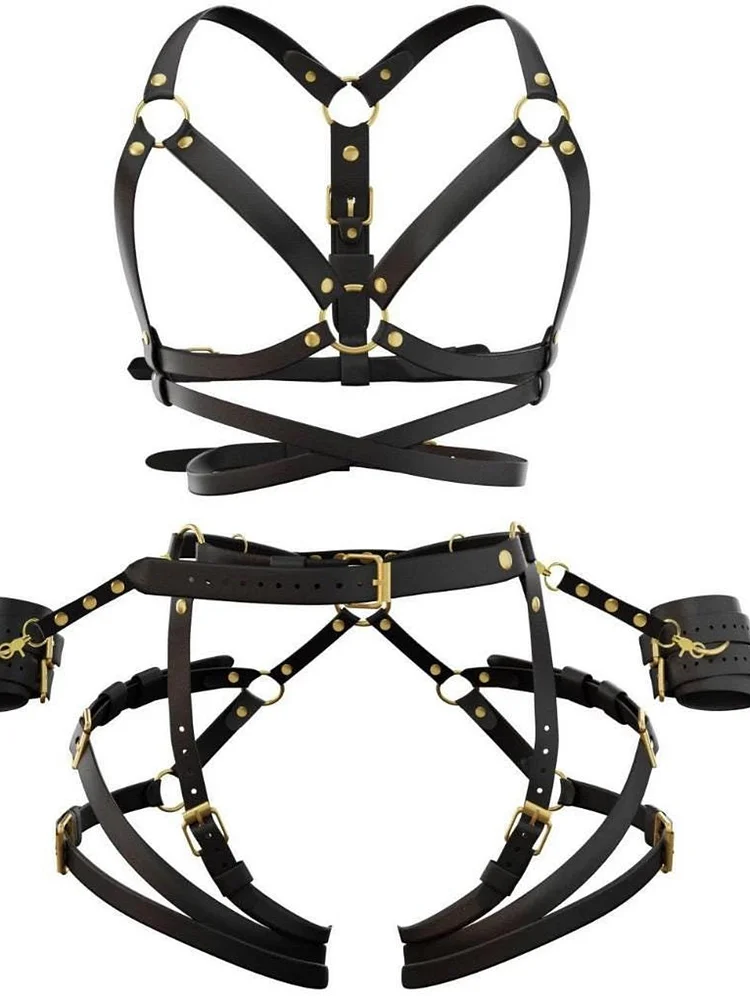 pornhint Pornhint Black Leather Harnesses for Women Coda, Bondage Harness Set, Open Bra Harness, Butt Garter's, But Harness Wrist Cuffs BDSM Handcuffs, Mature leather harness women