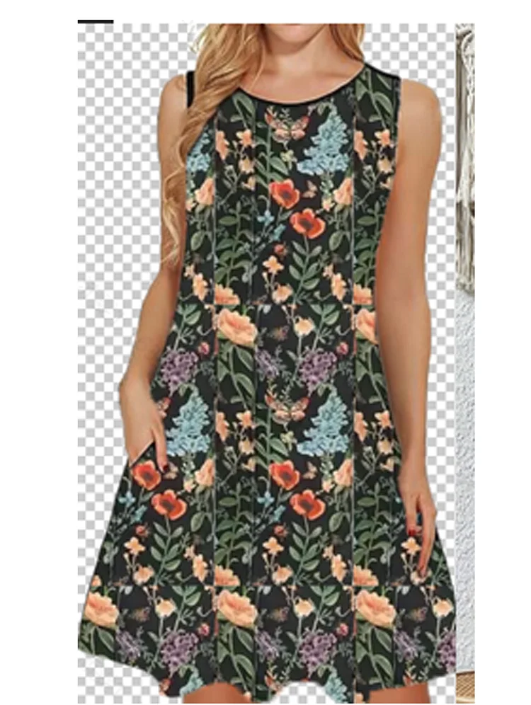 Explosive print holiday commute pocket sleeveless floral dress