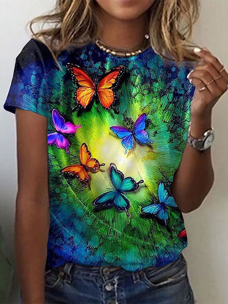 Round Neck Printed Short Sleeve Loose T Shirt P181001499