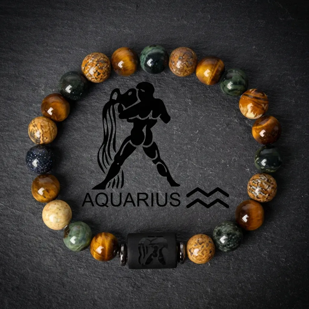 Celestial Aura: The 12-Zodiac Natural Stone Beaded Bracelet Aquarius-18 cm / 7.1 in (Standard Fit)