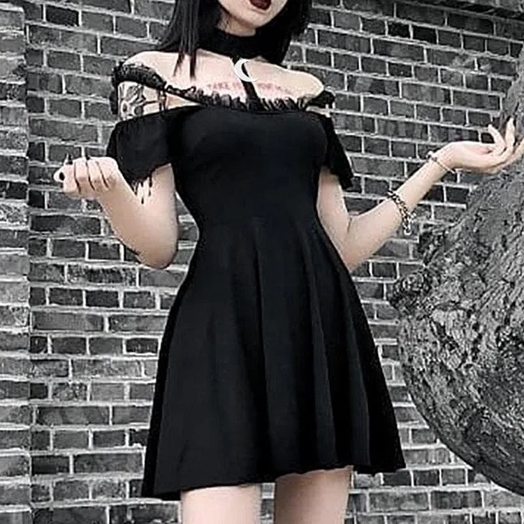 Club Punk Mesh Moon Lace Strapless Goth Zipper Dress SP14727