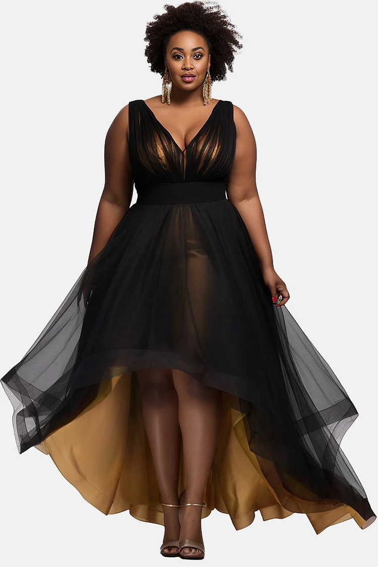 Xpluswear Design Plus Size Formal Black V Neck Asymmetric Hem Fold Tulle Midi Dresses [Pre-Order]