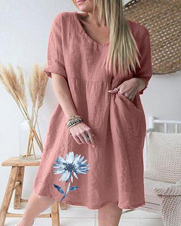 Casual V Neck Flower Print Pocket Linen Dresses - Chicaggo