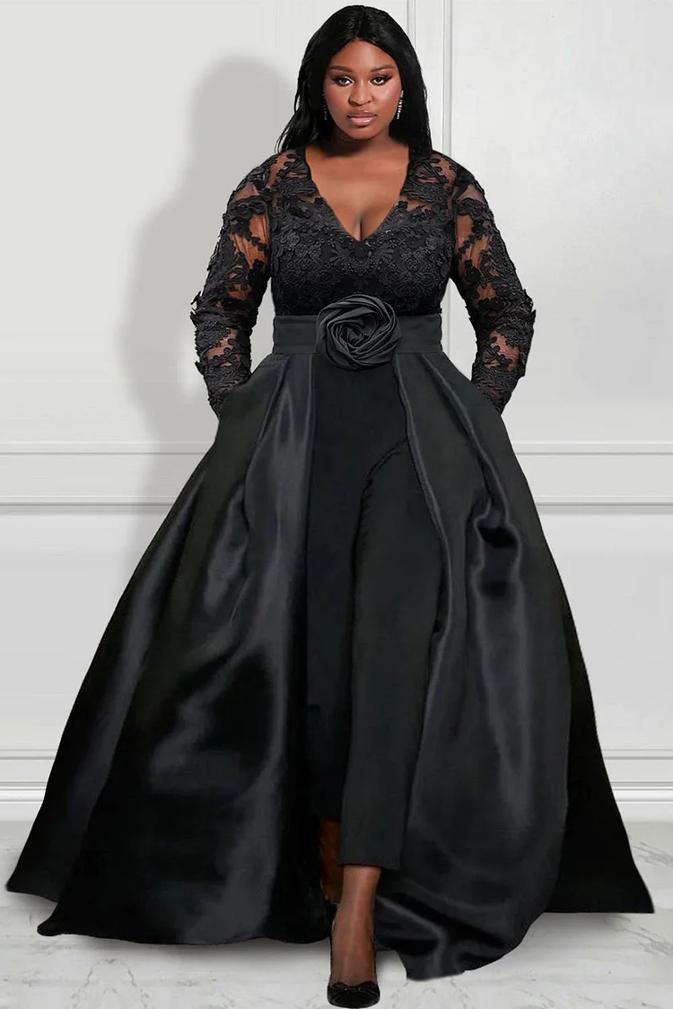 Xpluswear Design Plus Size Formal Jumpsuit Black Satin V-Neck Lace Long Sleeve Overlay Skirt Jumpsuit 