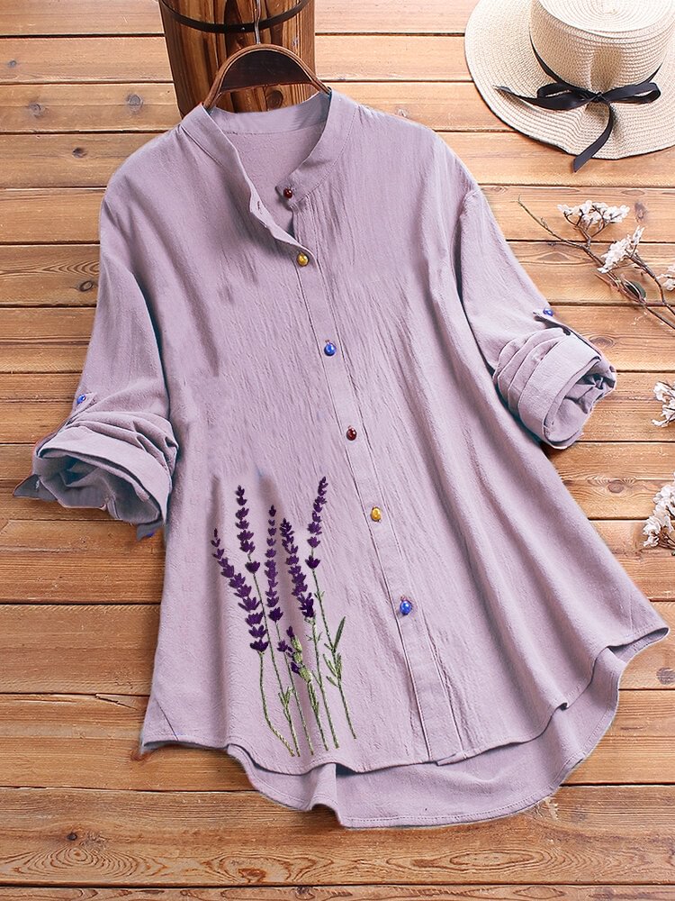 Flower Embroidery Long Sleeve Colorful Button Shirt For Women P1678748