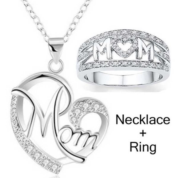 MOM Necklace and Ring Set Zircon Plated 925 Silver Jewelry Set Love Gift for Mother's Day