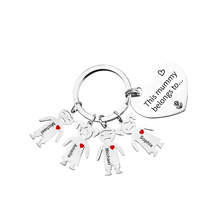Personalized Heart Keychain With 4 Kid Charms "This Mummy Belongs to" For Her Mother's Day Gifts
