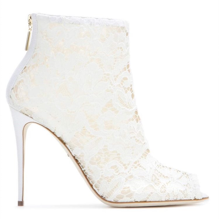 White Bridal Shoes Peep Toe Stiletto Heel Lace Wedding Ankle Booties |FSJ Shoes