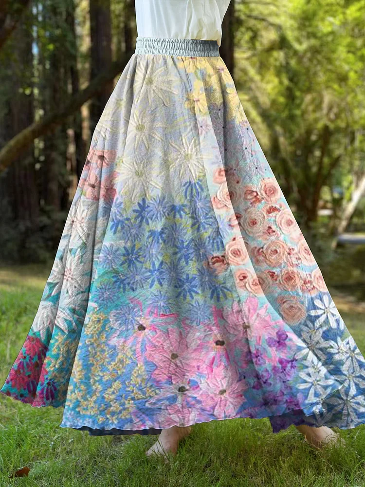Women's Three-dimensional Oil Painting Floral Art Print Elastic Waist Retro Skirt?