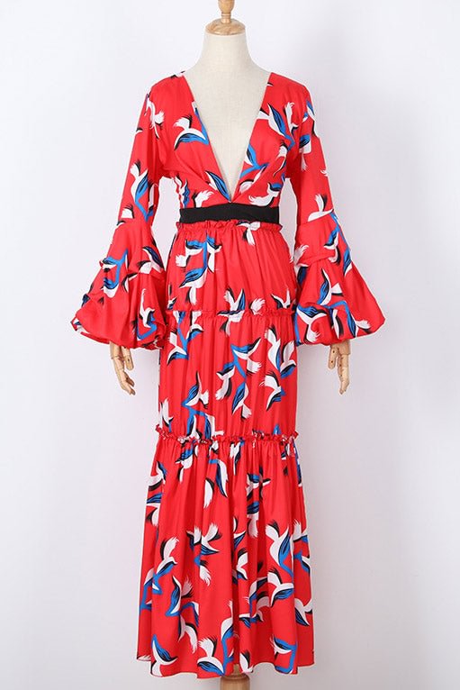 Red Printed Deep V-neck Flared Sleeve Evening Prom Dress - Shop Trendy Women's Clothing | LoverChic