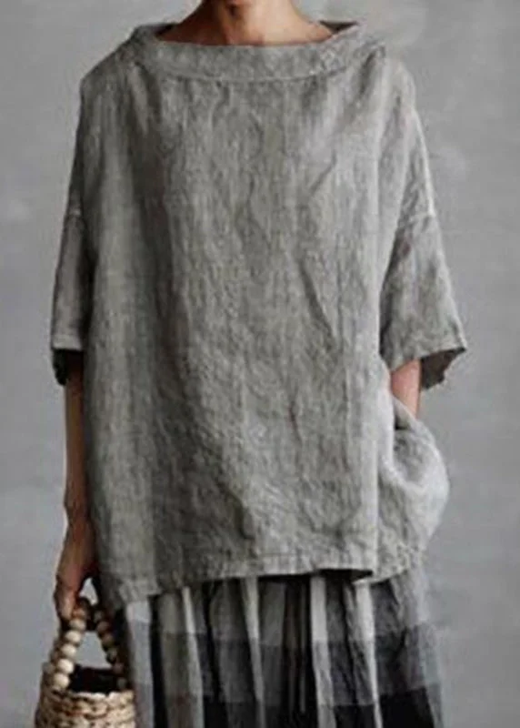 Plus Size Grey O-Neck Solid Patchwork Cotton T Shirts Summer