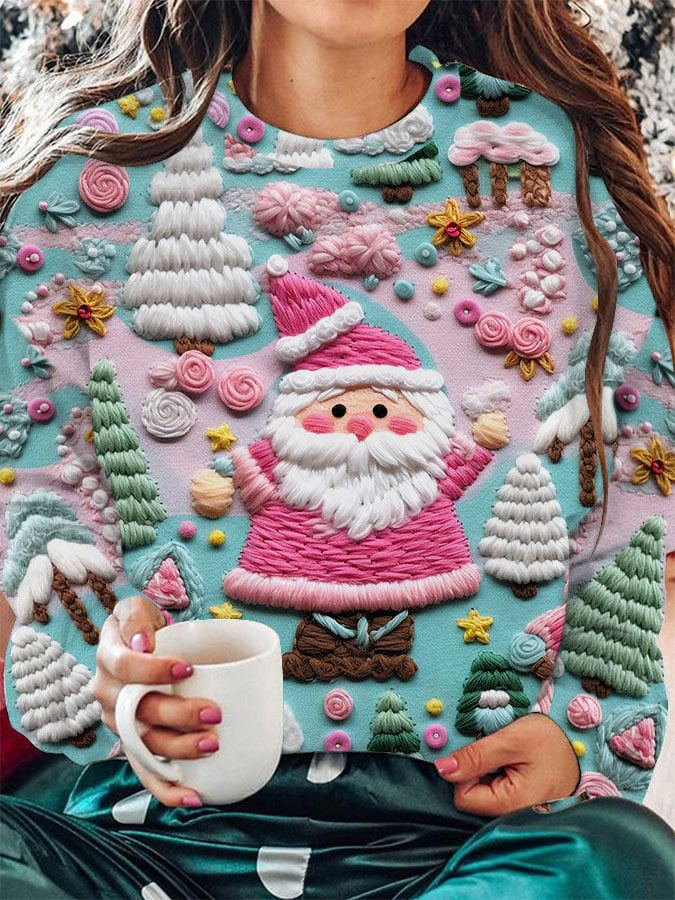 Women's Cute Christmas Santa Claus Jewel Art Crew Neck Sweatshirt