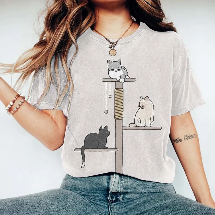 Comstylish Women‘s Cute Cat Round Neck Casual T-Shirt