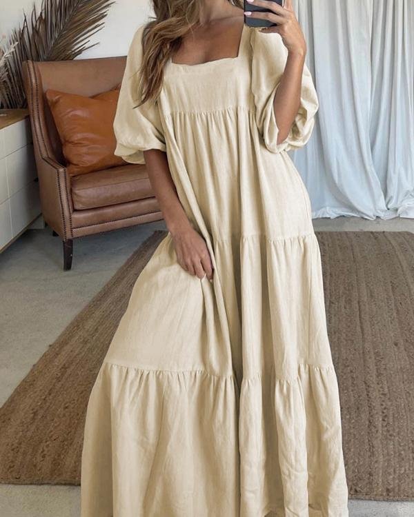 Casual Solid Color Puff Sleeve Dress - Chicaggo