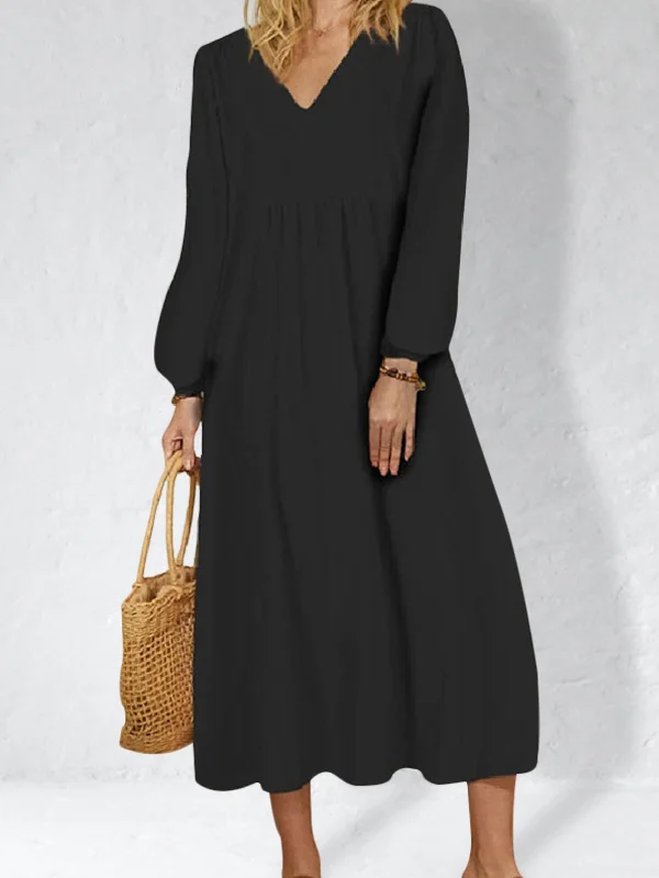 Cotton Blend V-Neck Lantern Sleeves Dress