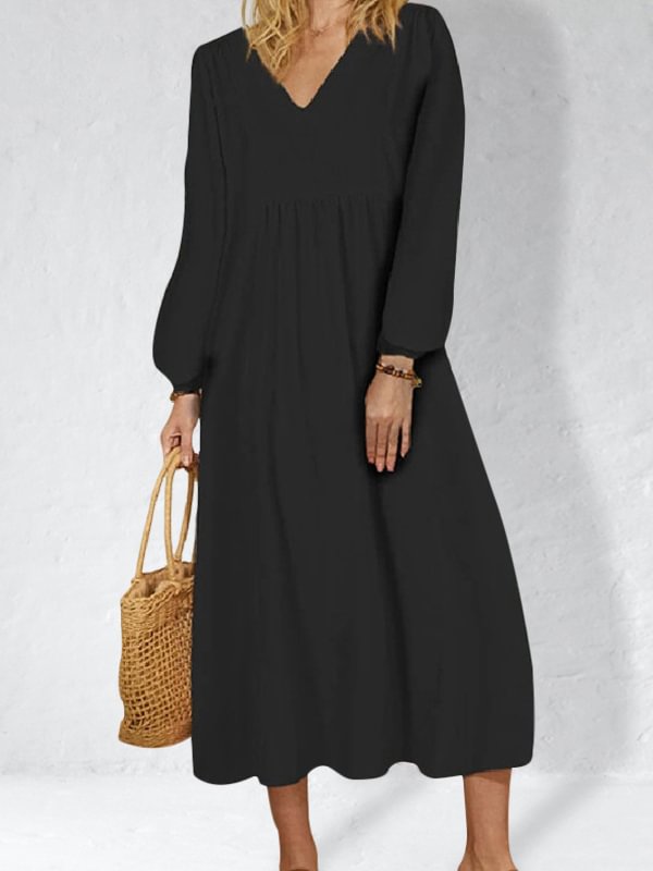 Cotton Blend V-Neck Lantern Sleeves Dress