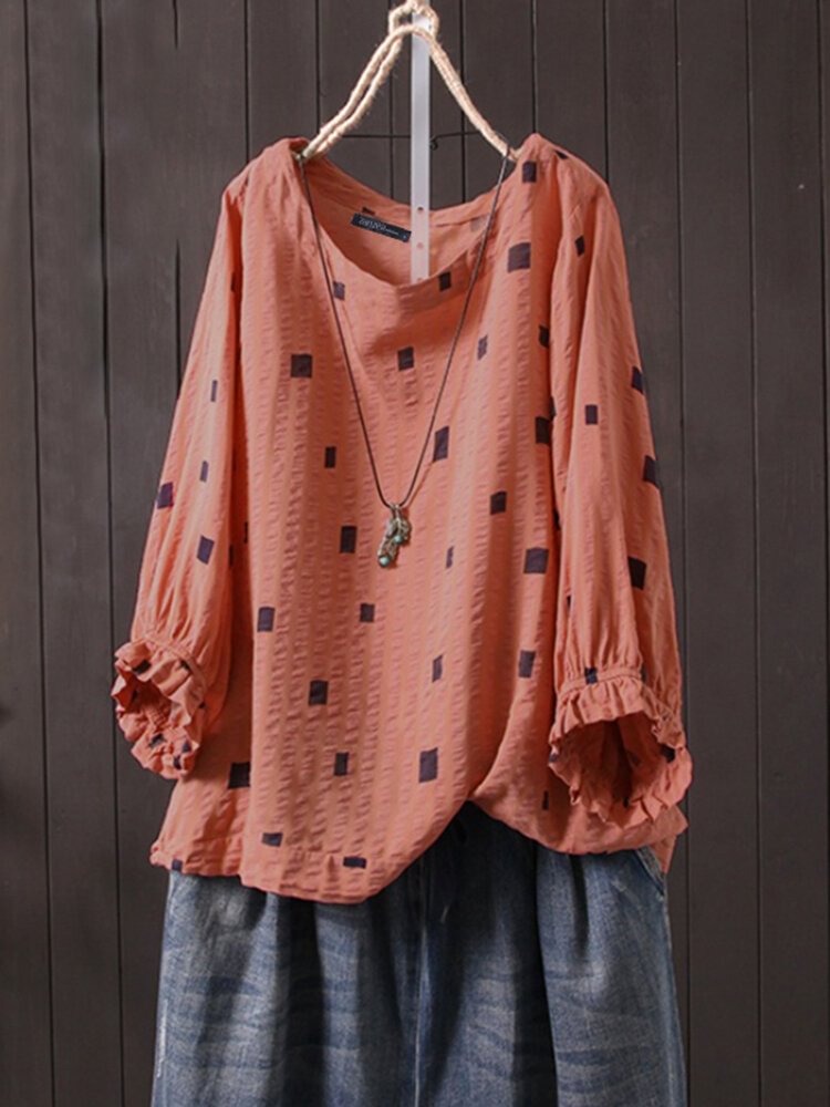 Vintage Geometric Print 3/4 Sleeve Lapel Shirt
