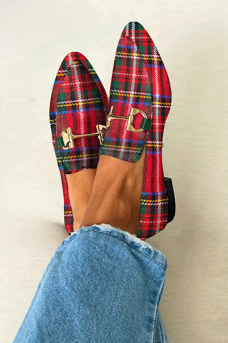 Plaid Pattern Print Metallic Buckle Pointy Toe Red Loafers