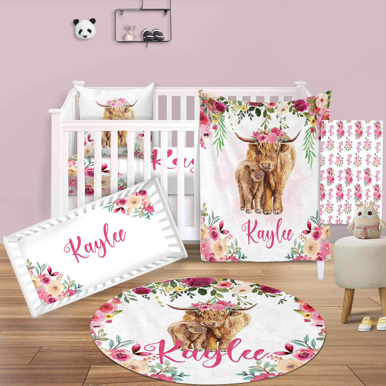 Personalized Pink Highland Cow Crib Bedding SetSet122