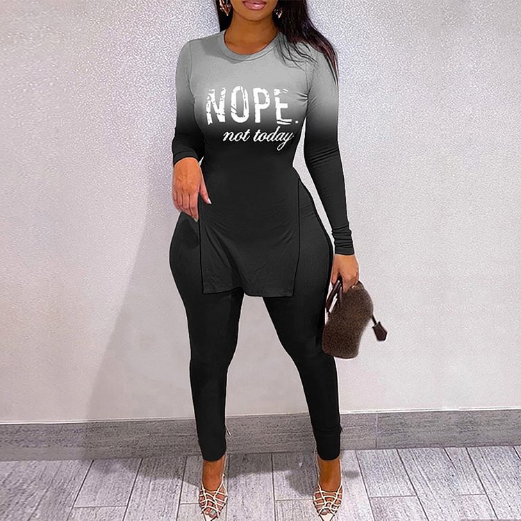 Vefave Fashion Side Slit Letter Print T-Shirt Two Piece Set