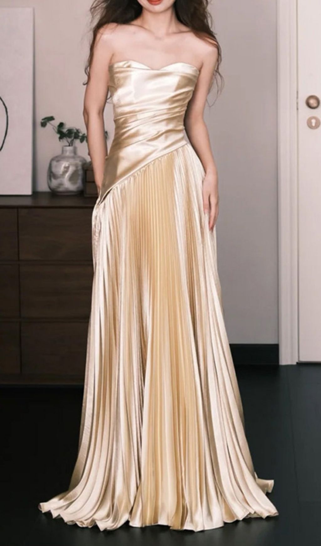 Fashionslee Women Kristy Gold Strapless Pleated Maxi Dress