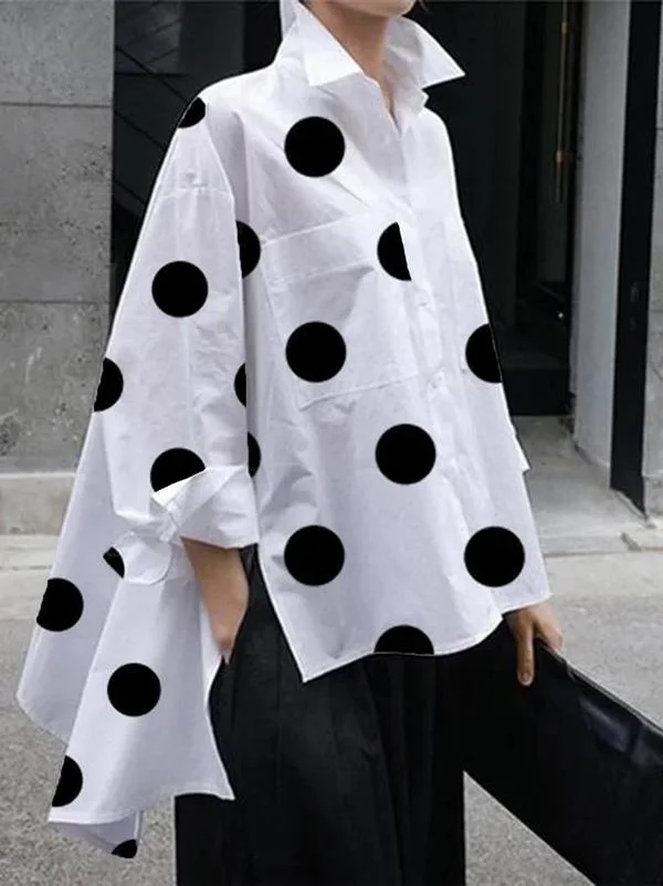 Fashion Buttoned High-Low Polka-Dot Split-Side Lapel Long Sleeves Blouse socialshop