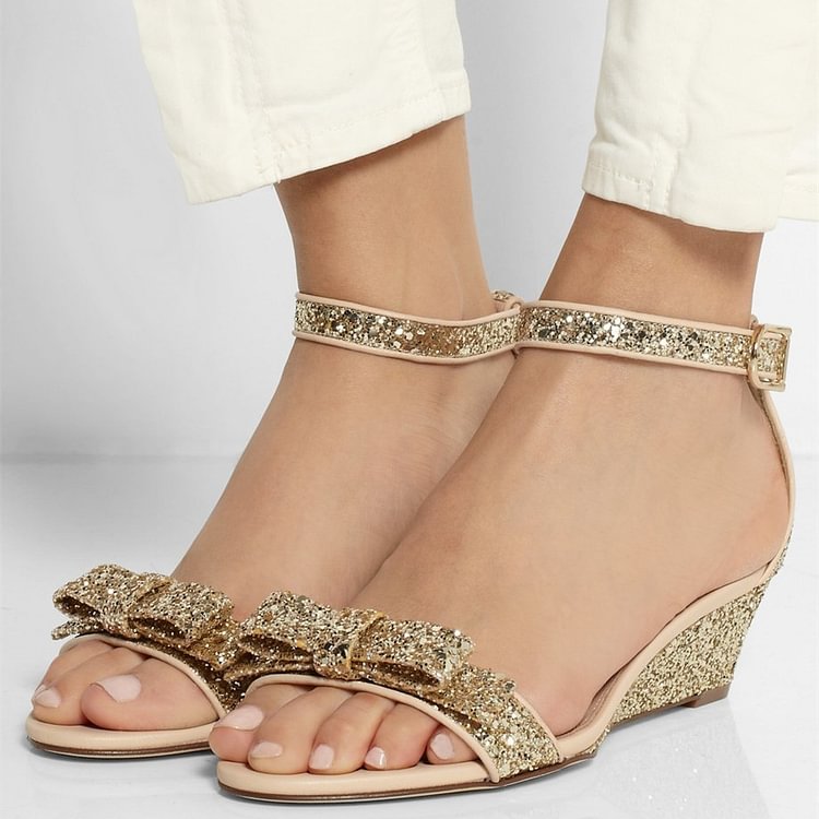 Women's Golden Ankle Strap Sandals Glitter Wedge Heel with Bow |FSJ Shoes