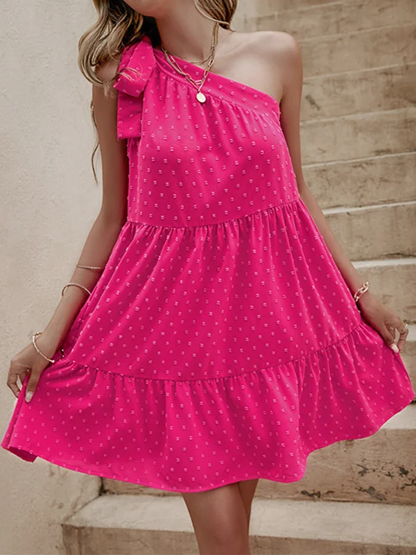 Roomy Sleeveless Pleated Split-Joint One-Shoulder Mini Dresses