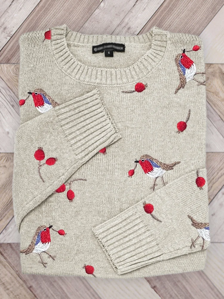 Birds & Berry Embroidery Pattern Cozy Knit Sweater