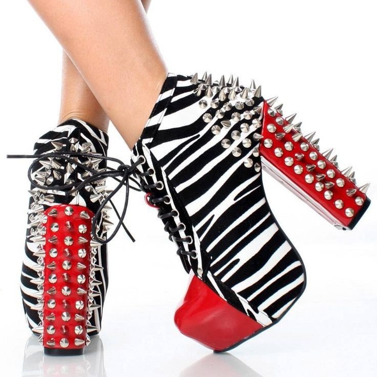 Zebra Print and Red Lace up Boots Chunky Heel Spike Studded Boots |FSJ Shoes