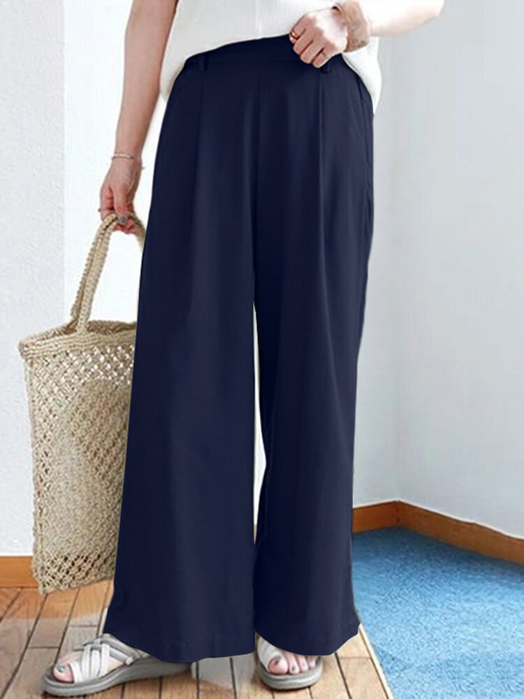 Solid Elastic Waist Back Pocket Wide Leg Casual Pants