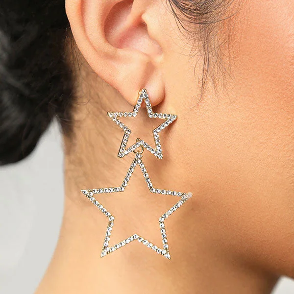Rhinestone On-trend Double Star Drop Earrings