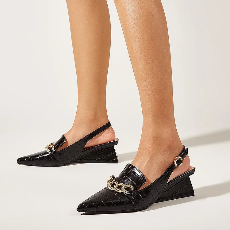 Black Croco Embossed Slingback Shoes Pointy Toe Block Heeled Loafers |FSJ Shoes