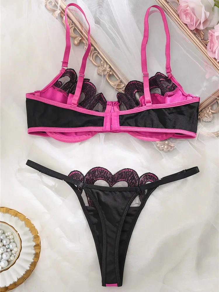 Uveng Pink Satin Lace Patchwork Lingerie Set
