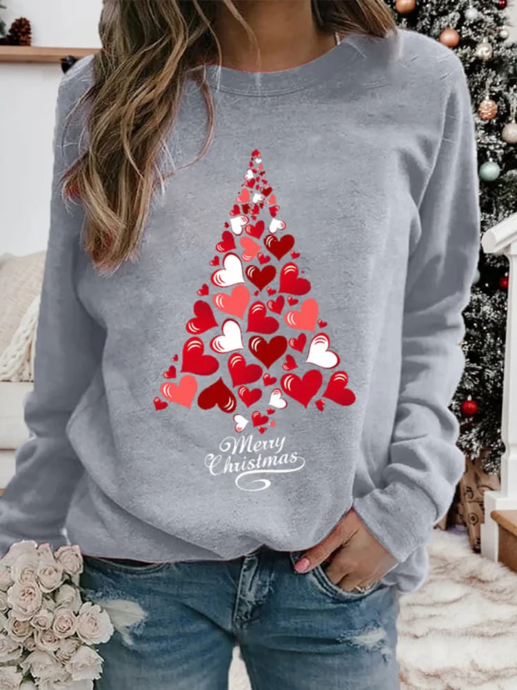 Vefave Merry Christmas Heart Print Long Sleeve Sweatshirt