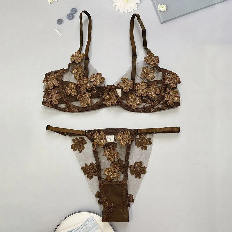 Ellolace Applique Lingerie Set Transparent Bra Erotic Lingerie