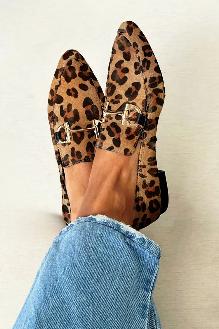 Leopard Pattern Print Metallic Buckle Pointy Toe Khaki Loafers