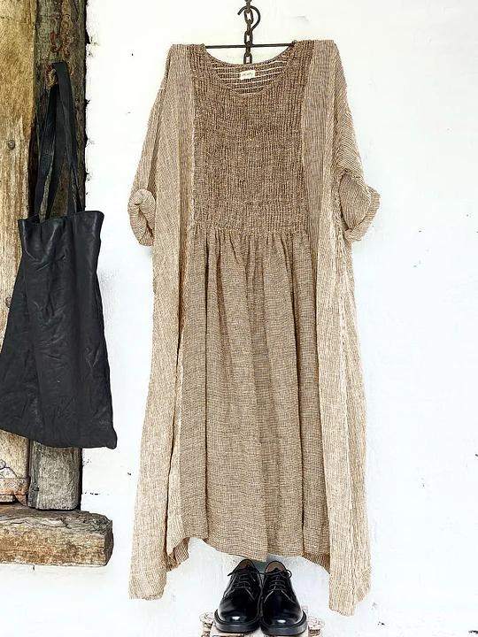 Womens Stitching Light Stripe Asymmetrical Casual Linen Dress