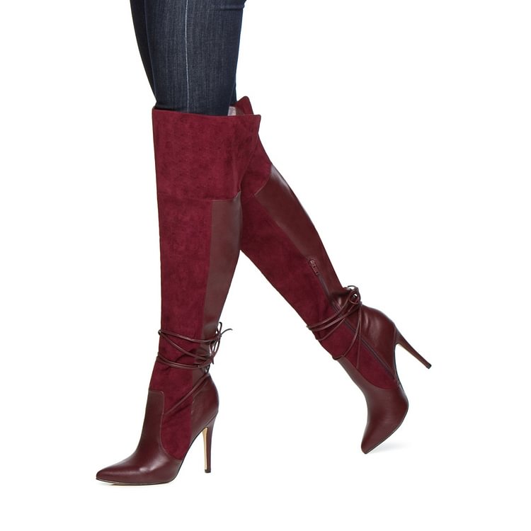 Women's Maroon Stiletto Boots Suede Pointed Toe Knee High Boots |FSJ Shoes