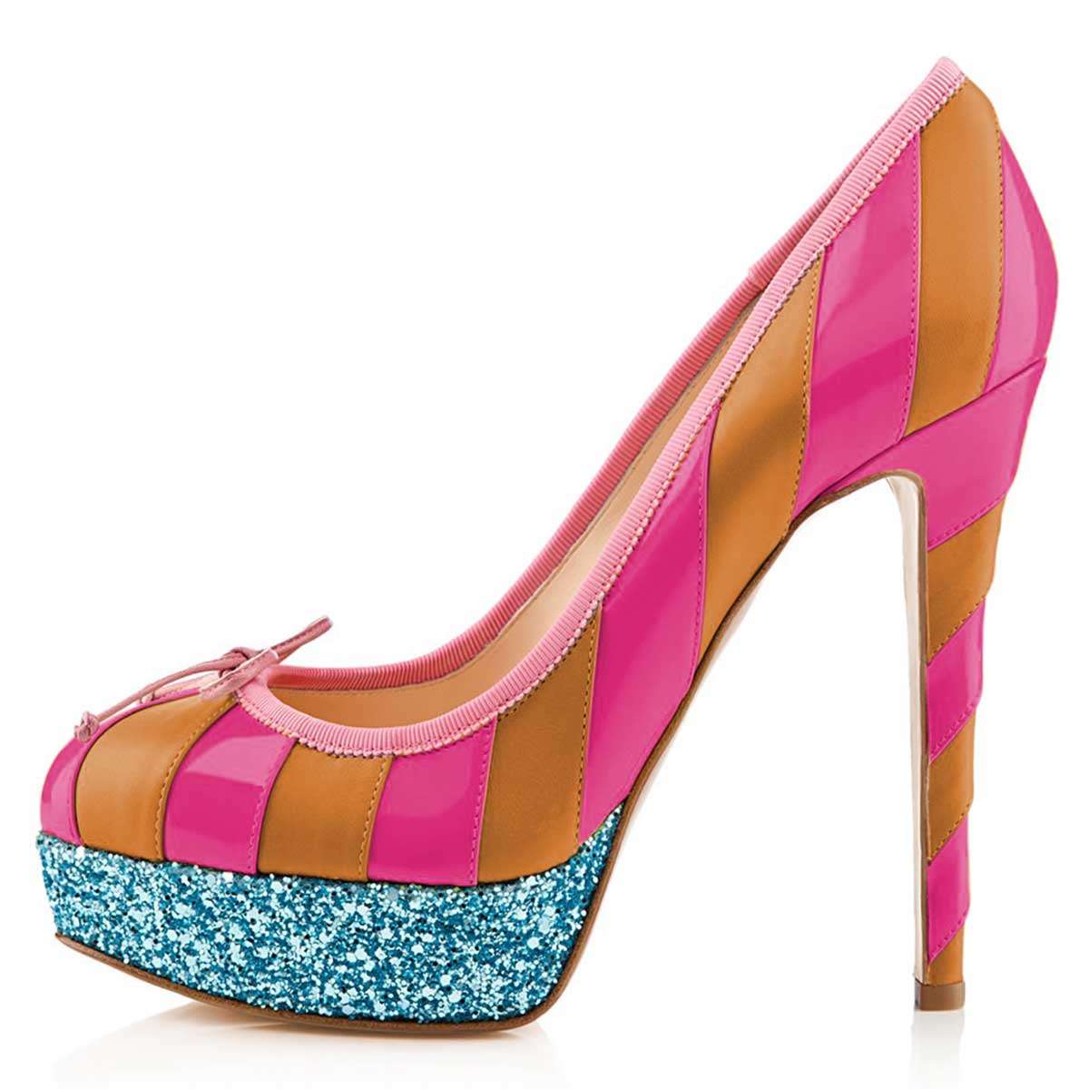 Yellow and Pink Glitter Bow Platform Heels Vdcoo