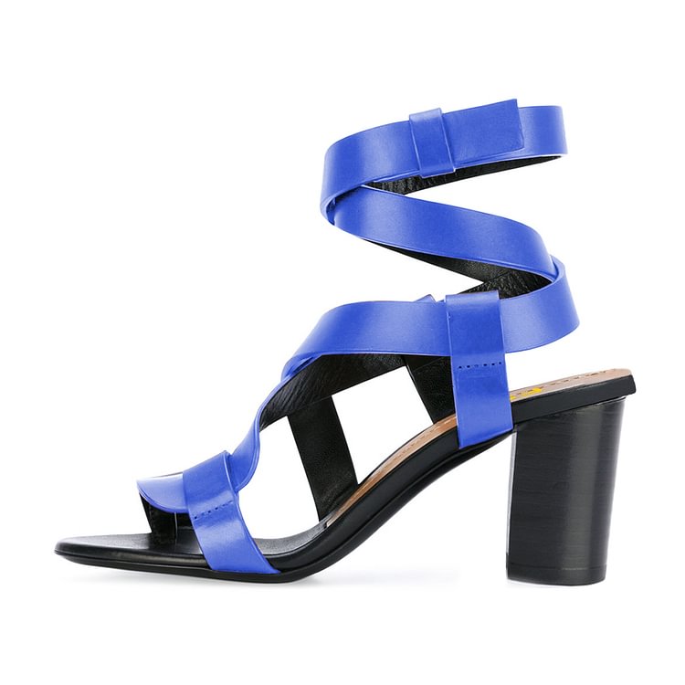 FSJ Blue Strappy Sandals Open Toe Block Heel Vegan Shoes US Size 3-15 |FSJ Shoes