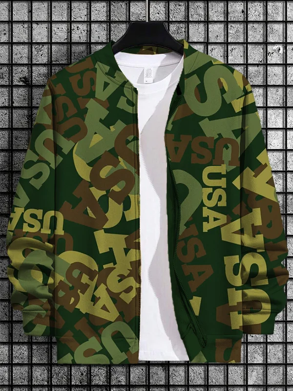 Men's USA Camouflage Print Casual Zip Up Jacket